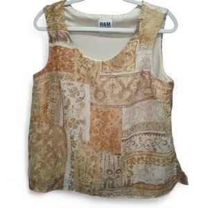 R&M Richards Boho Patchwork Sleeveless Blouse Neutral Earth Tone Floral Tank